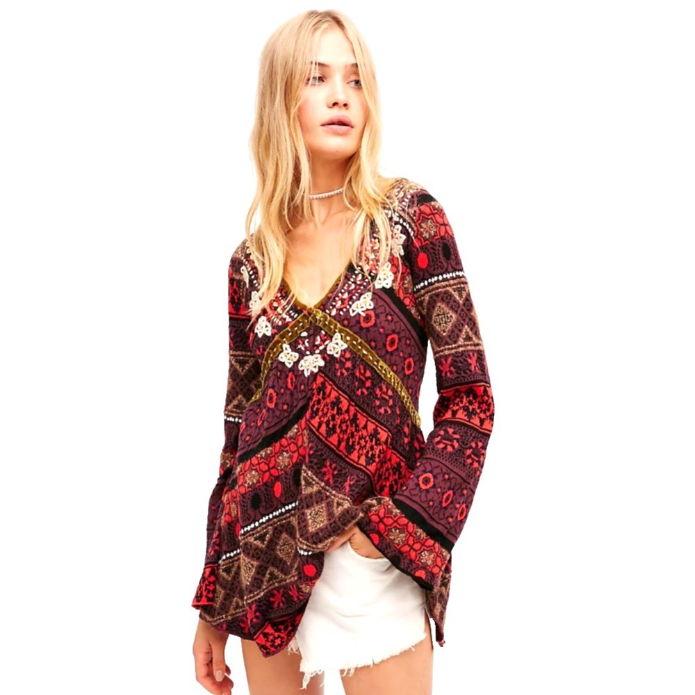 Free People Snow Bird Tunic Red Purple Multi Fair Isle Embroidered V-Neck Top‎